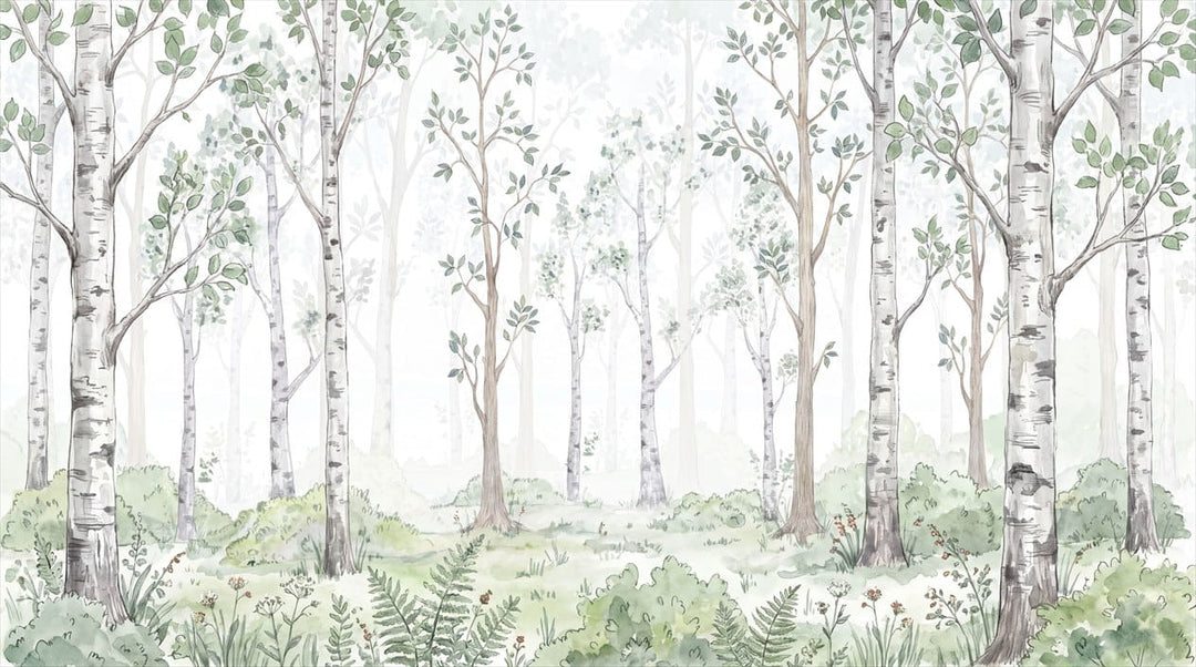 Cream Green Nordic Watercolor Birch Forest Wallpaper Mural in custom