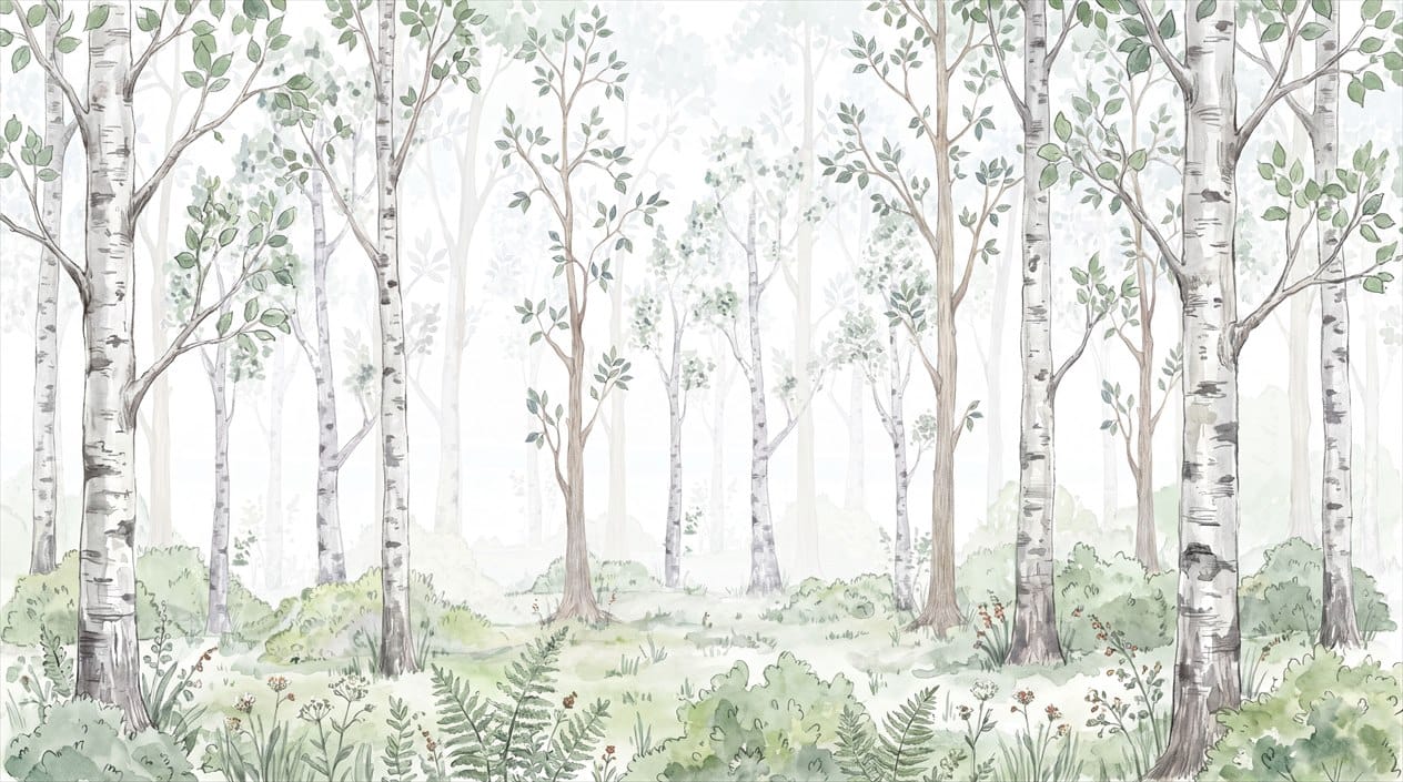 Cream Green Nordic Watercolor Birch Forest Wallpaper Mural