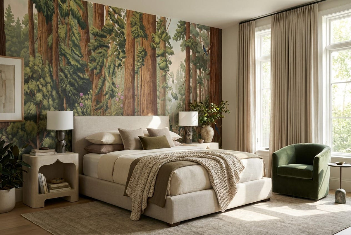 Wildlife Creek Illustrated Redwood Forest Wallpaper Mural in custom