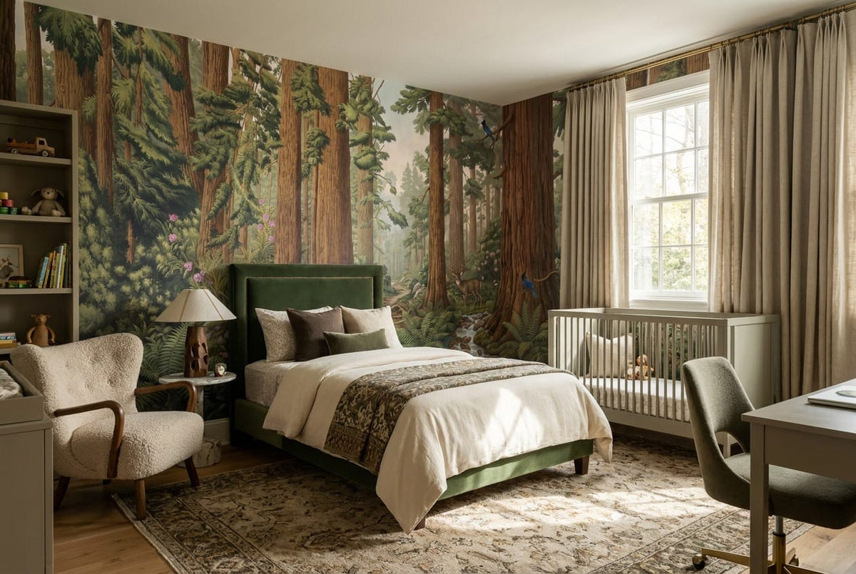 Wildlife Creek Illustrated Redwood Forest Wallpaper Mural in custom