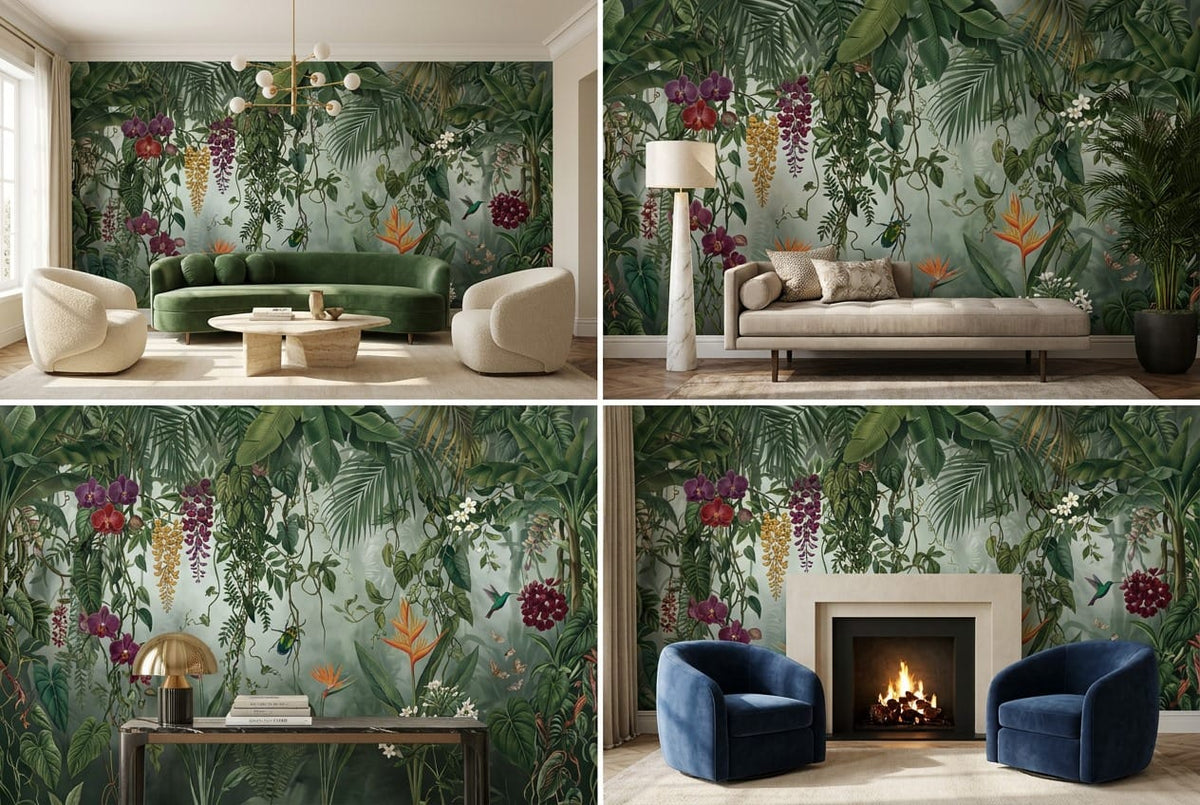 Vibrant Green Botanical Tropical Rainforest Wallpaper Mural scene image