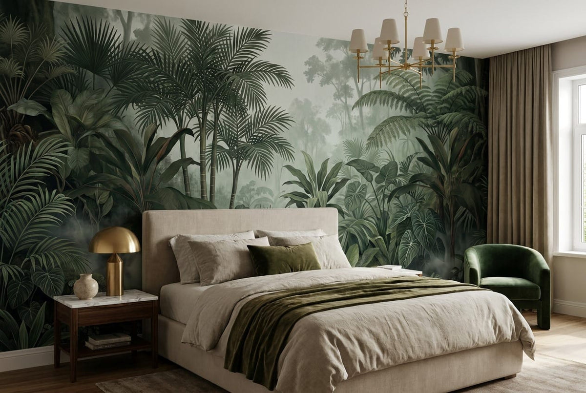 Deep Green Botanical Tropical Misty Forest Wallpaper Mural scene image
