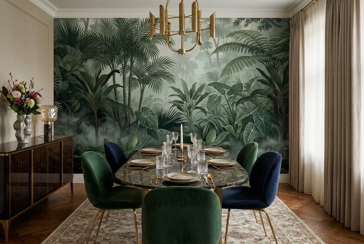 Deep Green Botanical Tropical Misty Forest Wallpaper Mural scene image