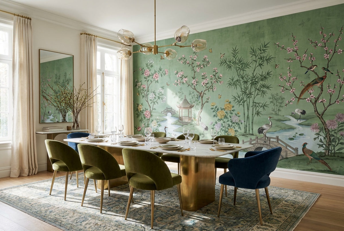 custom green pavilion dining removable non woven vinyl peel and stick wallpaper mural