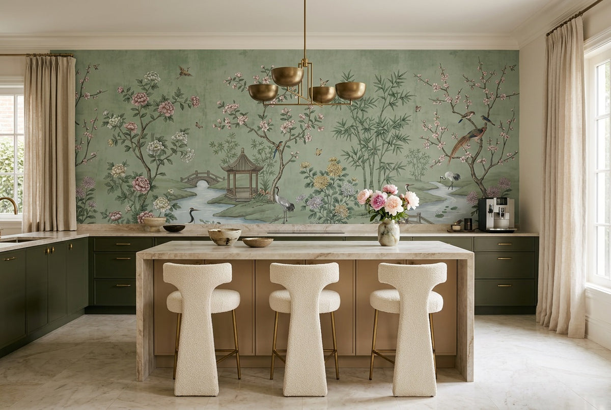 custom green pavilion kitchen removable non woven vinyl stick on wallpaper mural