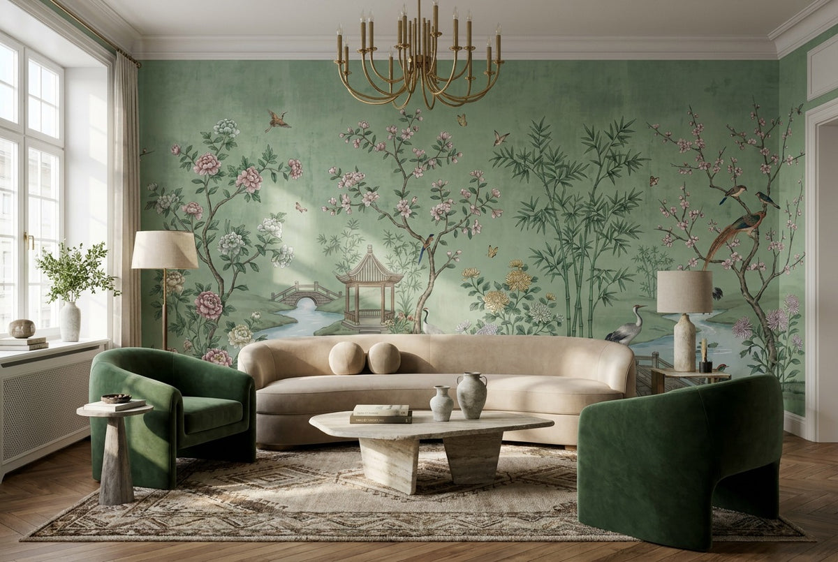 custom green pavilion wallpaper mural lounge self adhesive non woven vinyl removable
