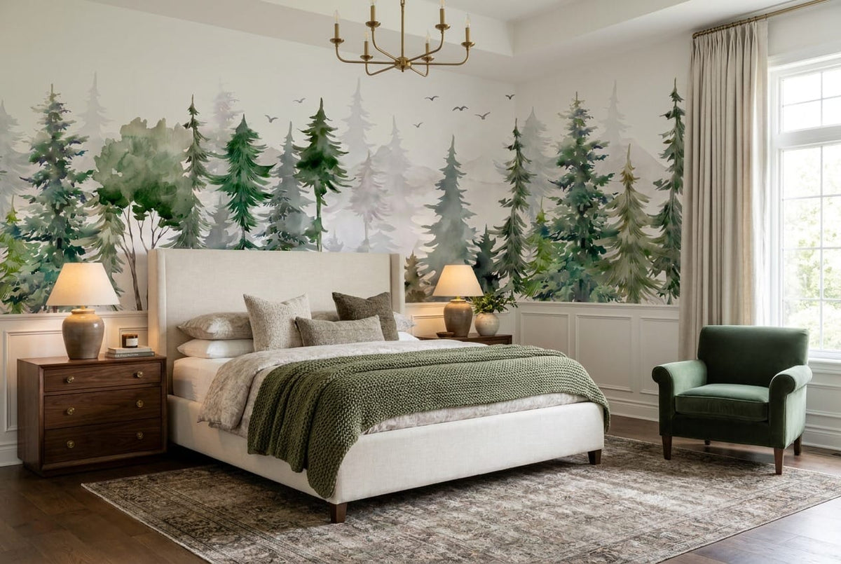 Forest Green Watercolor Nordic Pine Tree Wallpaper Mural in custom