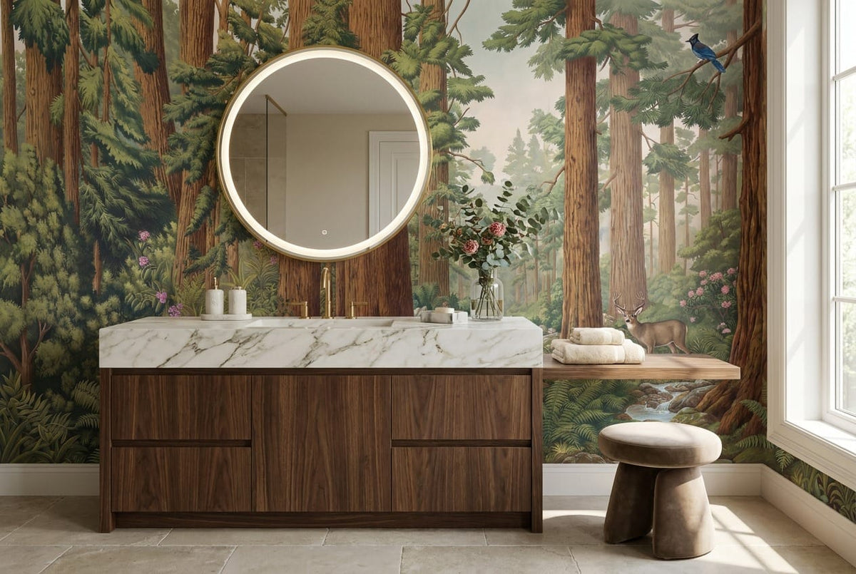 Wildlife Creek Illustrated Redwood Forest Wallpaper Mural in custom