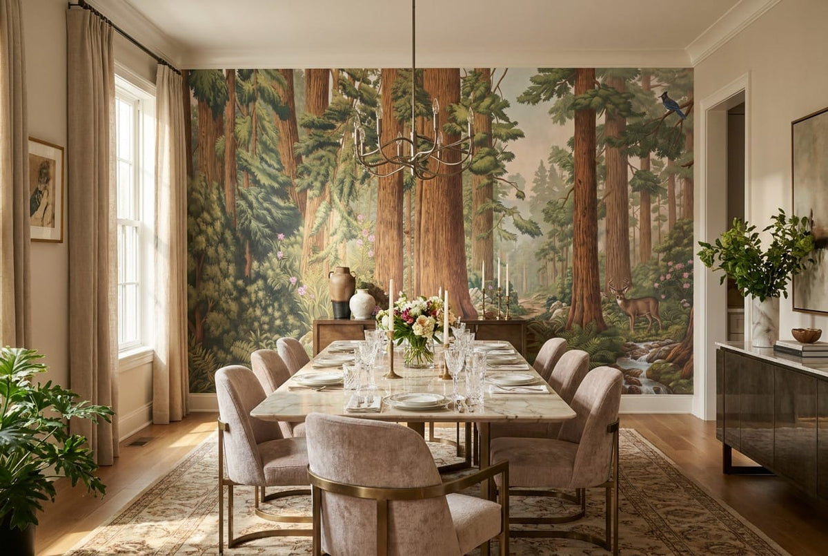 Wildlife Creek Illustrated Redwood Forest Wallpaper Mural in custom
