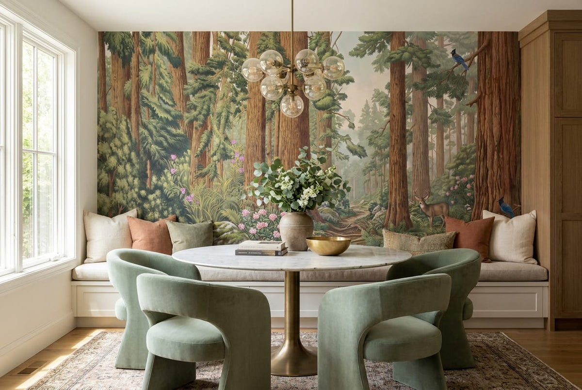 Wildlife Creek Illustrated Redwood Forest Wallpaper Mural in custom