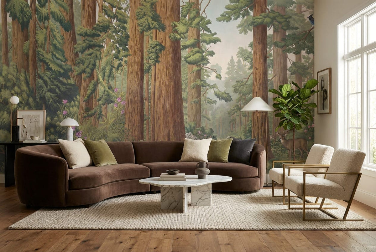 Wildlife Creek Illustrated Redwood Forest Wallpaper Mural in custom