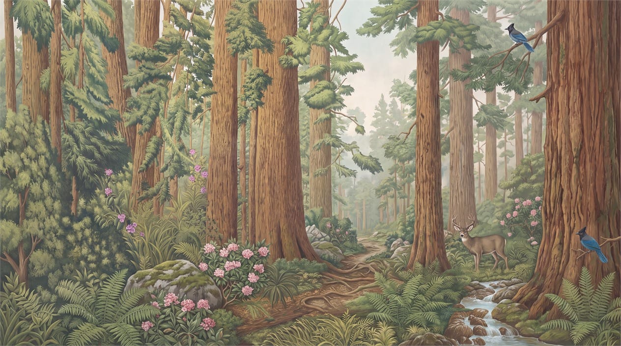 Wildlife Creek Illustrated Redwood Forest Wallpaper Mural