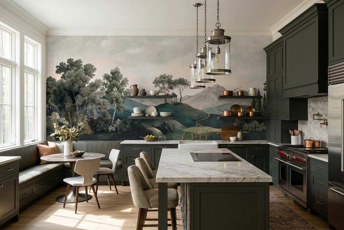 custom green rolling hills kitchen removable non woven vinyl stick on wallpaper mural
