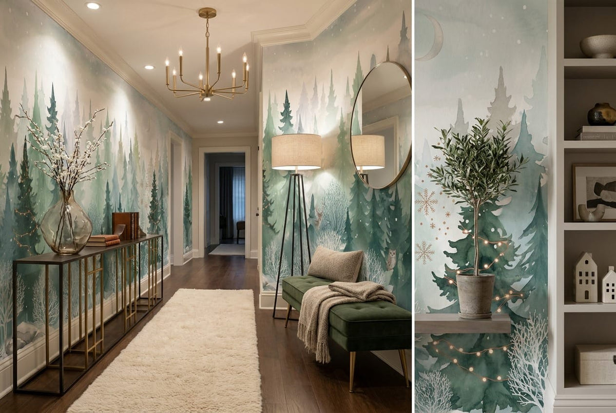Dark Green Magical Nordic Winter Forest Wallpaper Mural in custom