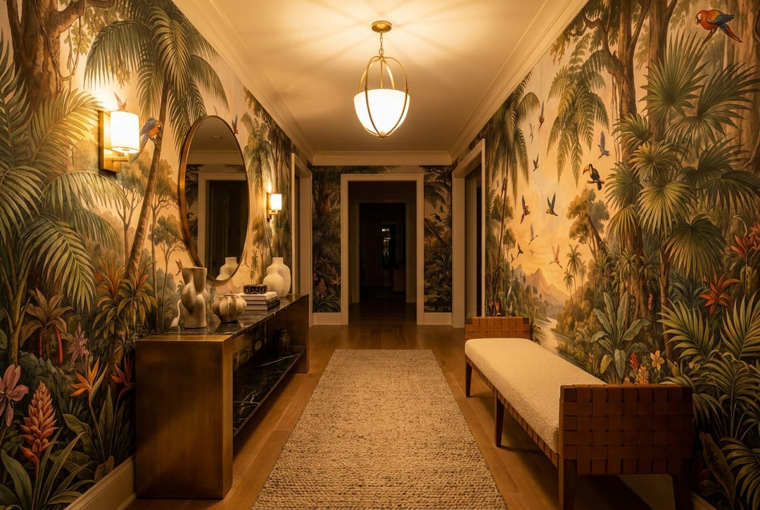 Faded Gold Watercolor Bird Vintage Jungle Wallpaper Mural in custom