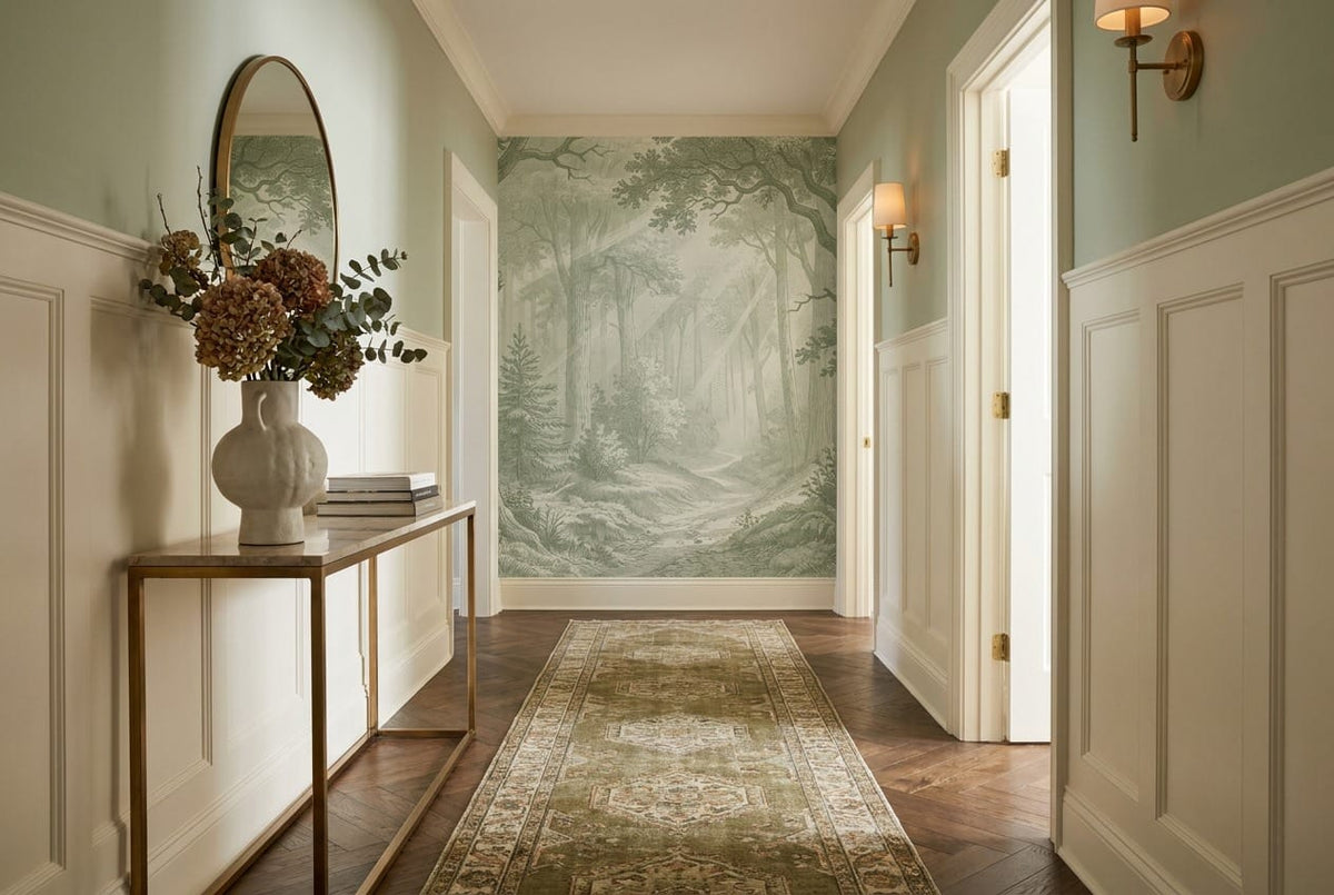 Soft Olive Engraving European Forest Green Wallpaper Mural scene image