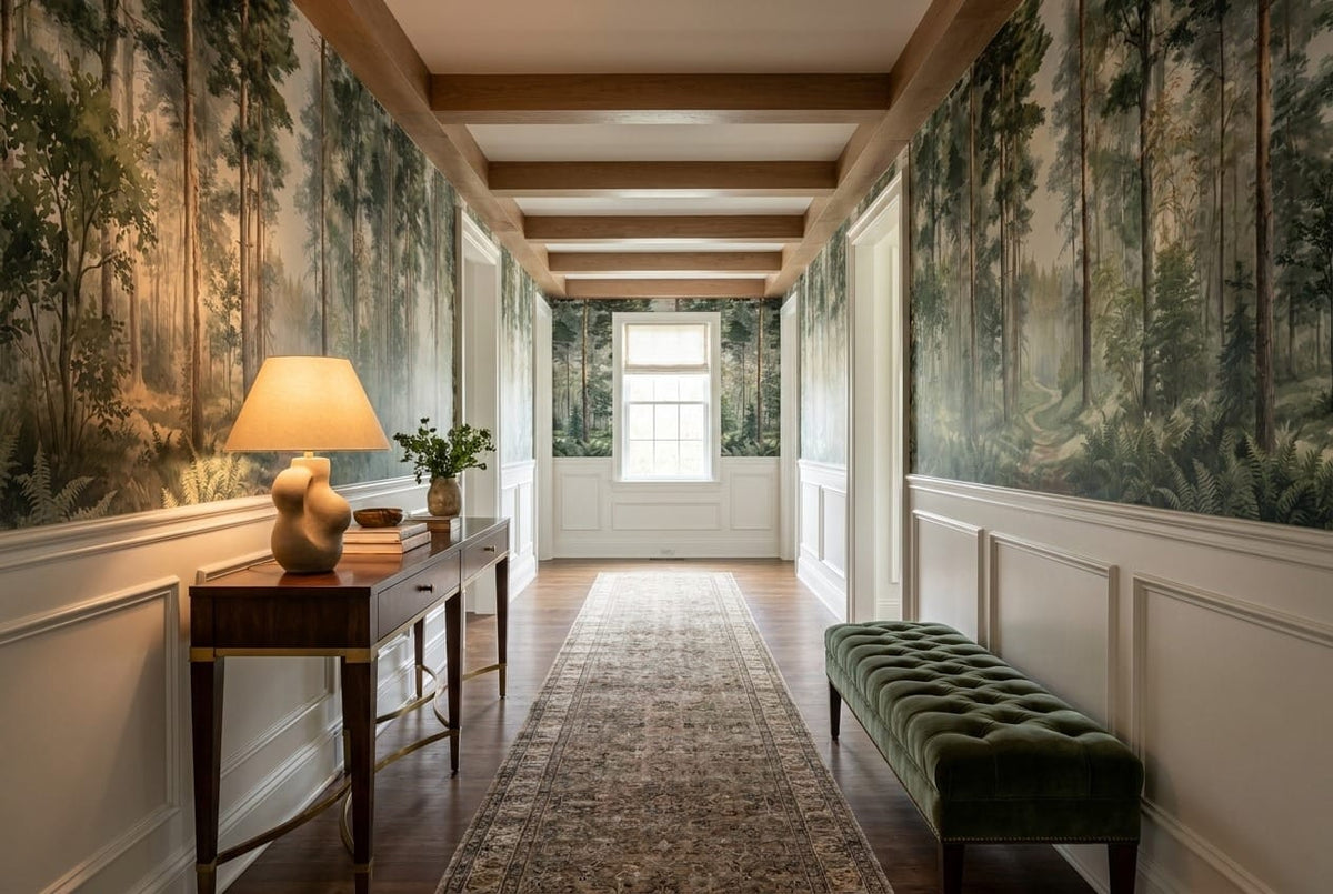 Sage Green Watercolor Nordic Forest Green Wallpaper Mural scene image