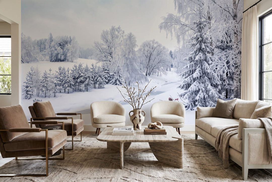 Icy White Snowy Nordic Winter Forest Wallpaper Mural in custom