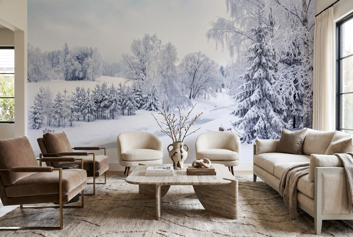Icy White Snowy Nordic Winter Forest Wallpaper Mural in custom