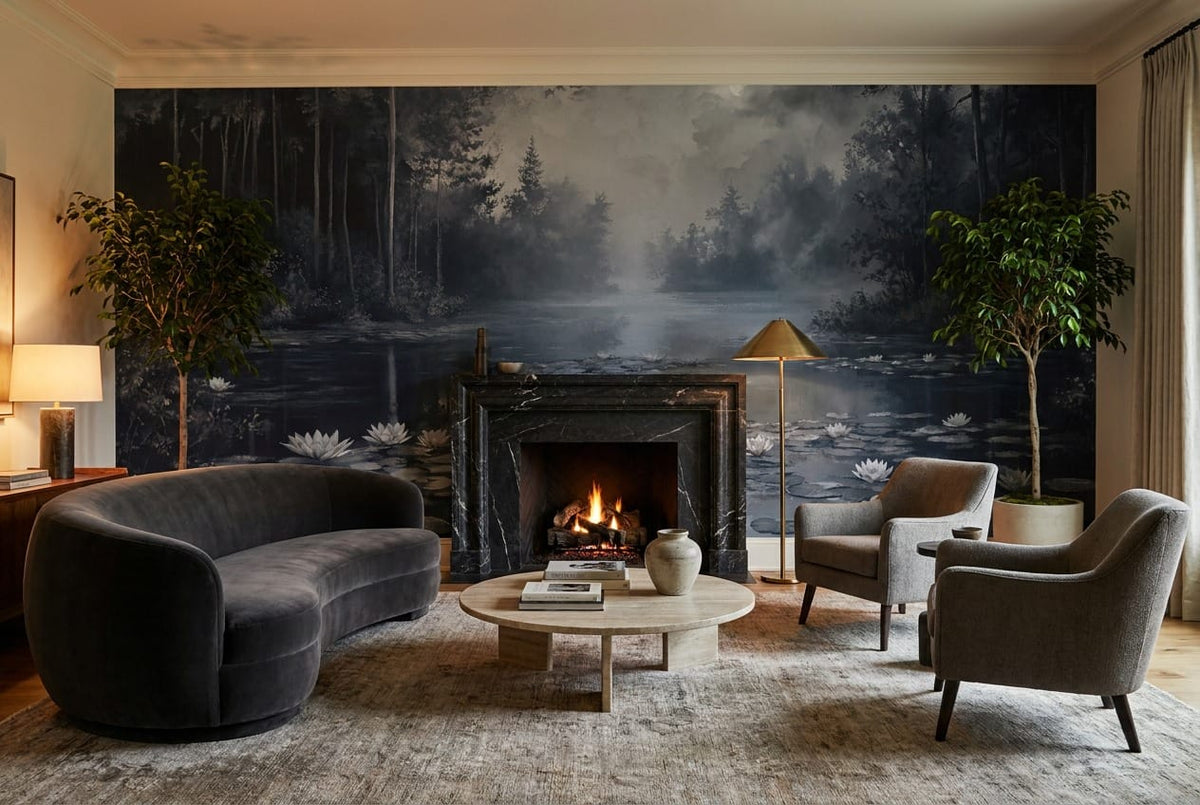 Moonlit Water Lily Forest Lake Wallpaper Mural in custom