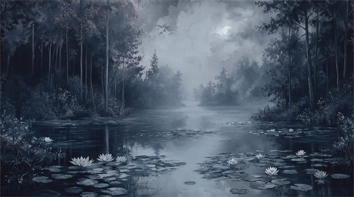 Moonlit Water Lily Forest Lake Wallpaper Mural in custom