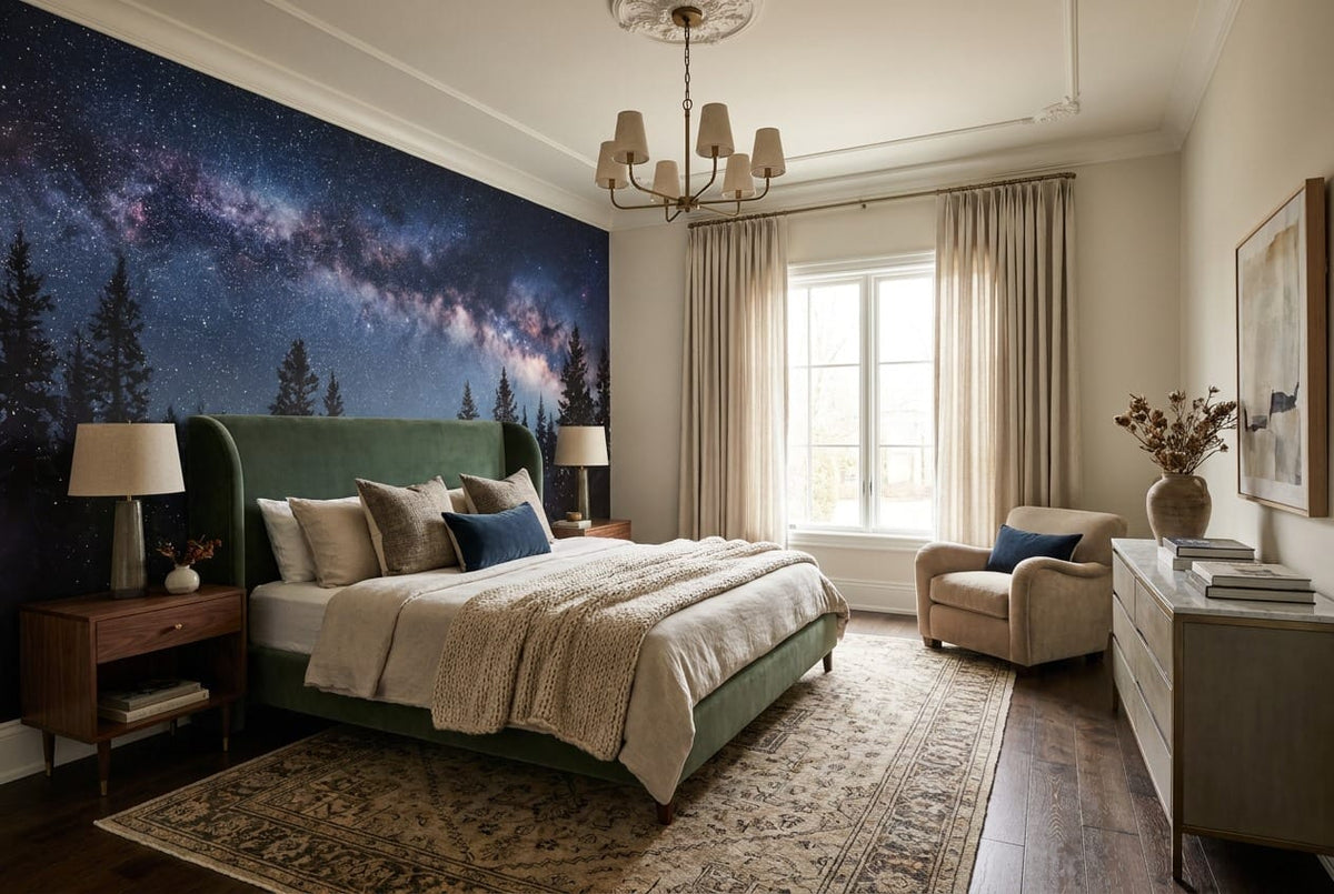 Navy Ink Dreamy Nordic Night Forest Wallpaper Mural in custom