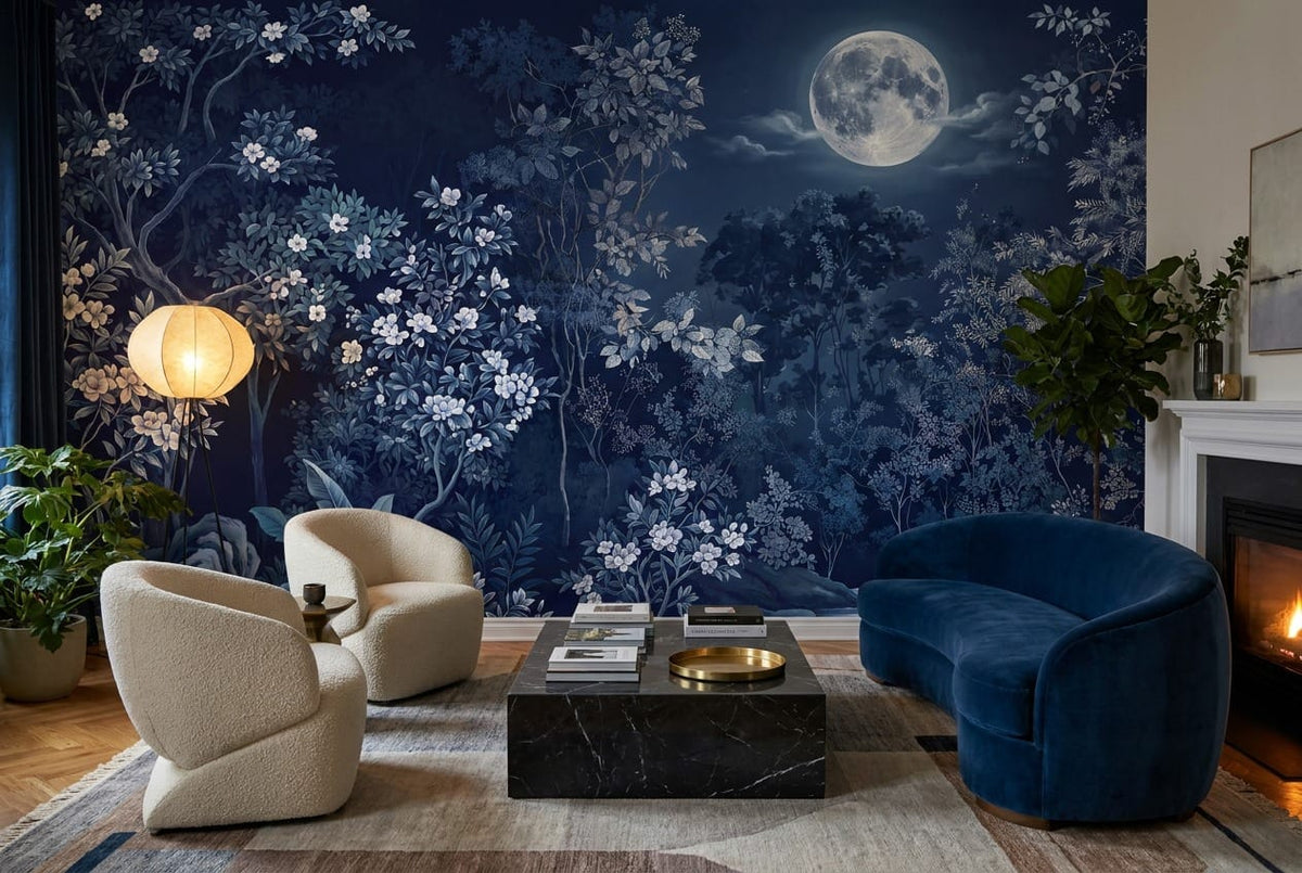 Glowing Ink Dark Nordic Night Forest Wallpaper Mural in custom
