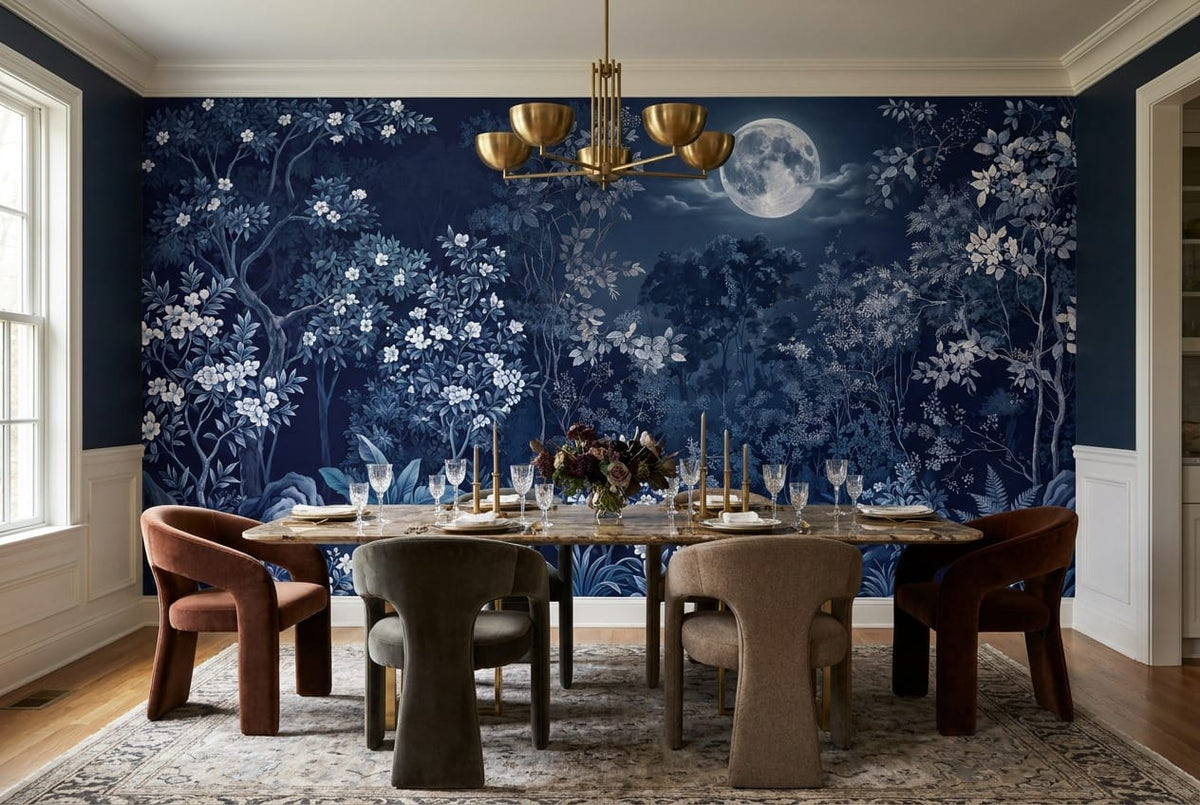 Glowing Ink Dark Nordic Night Forest Wallpaper Mural in custom