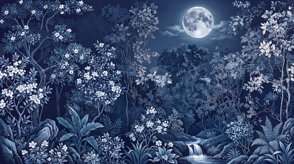 Glowing Ink Dark Nordic Night Forest Wallpaper Mural in custom