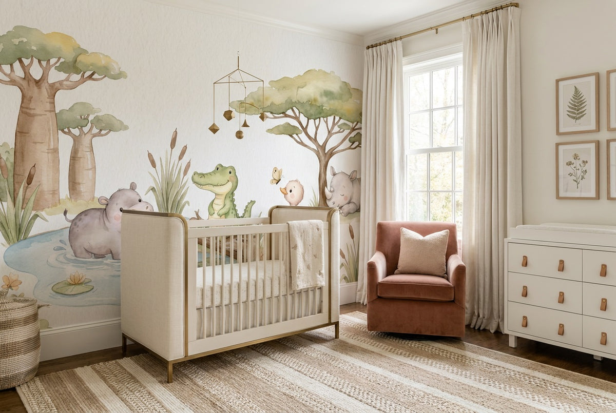 custom ivory hippo nursery removable non woven vinyl stick on wallpaper mural