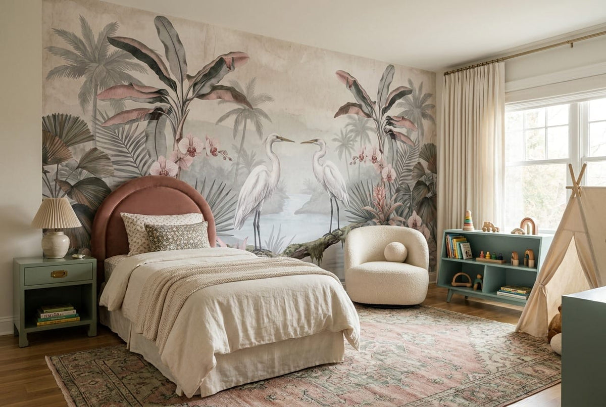 Blush Crane Orchid Tropical Jungle Wallpaper Mural in custom