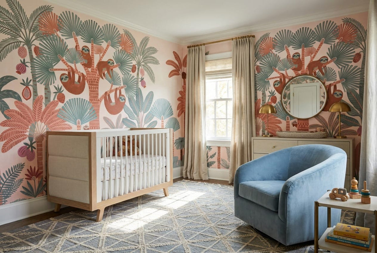 Blush Monkey and Leopard Jungle Wallpaper Mural in custom
