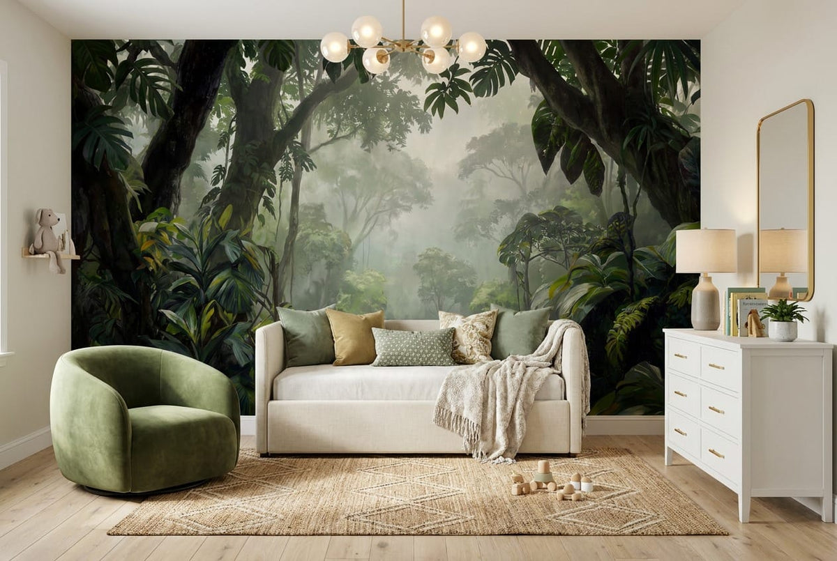 Layered Canopy Mist Green Jungle Wallpaper Mural in custom