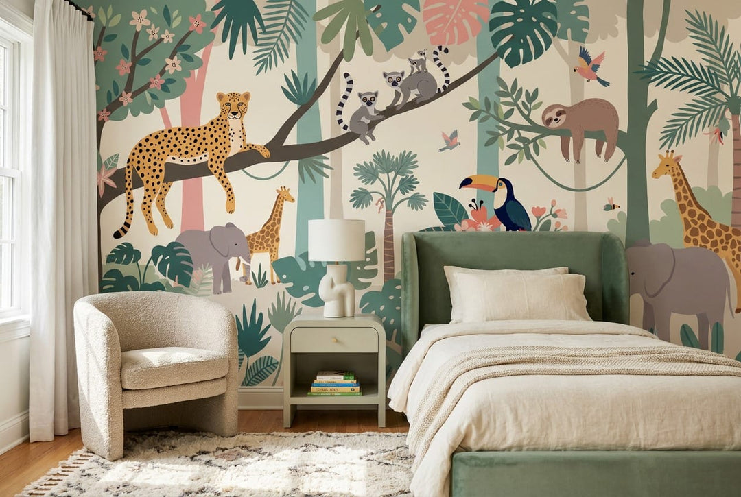 Pastel Storybook Safari Jungle Wallpaper Mural in custom
