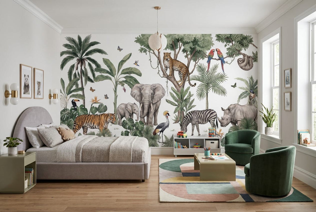White Safari Animal Jungle Wallpaper Mural in custom