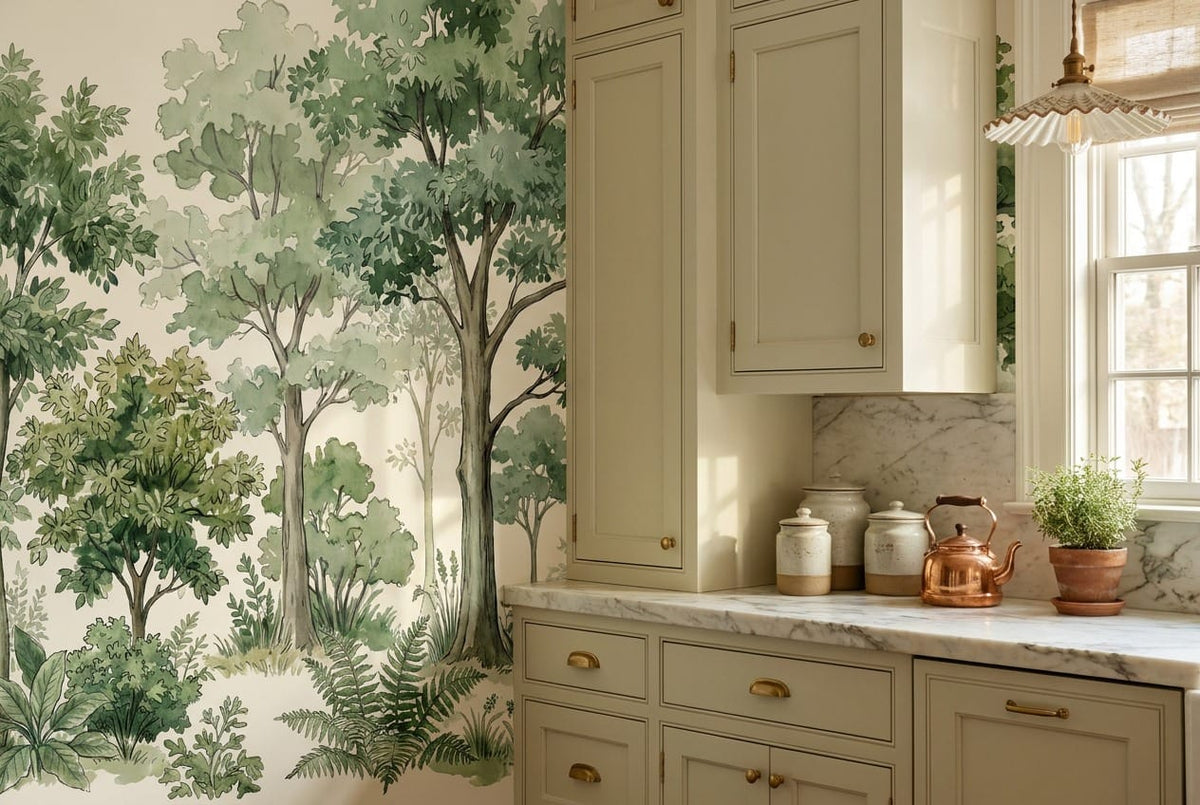 Soft Green Watercolor Nordic Forest Green Wallpaper Mural scene image