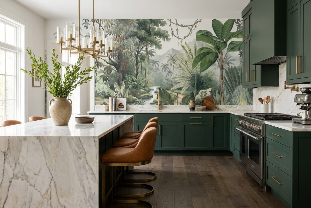 Soft Watercolor Valley Green Jungle Wallpaper Mural in custom