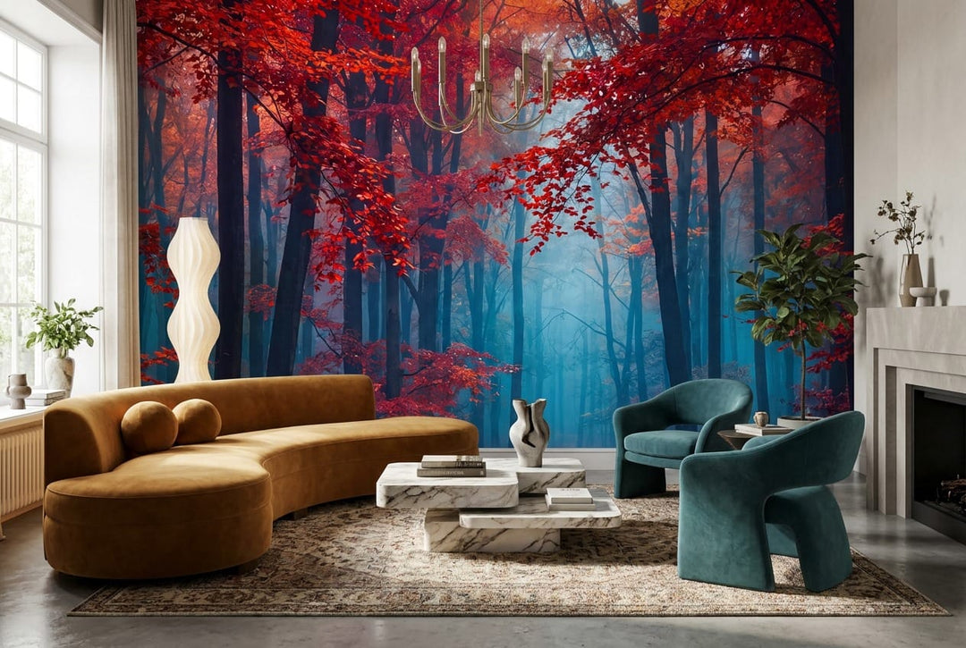 Crimson Blue Mist Autumn Forest Wallpaper Mural in custom