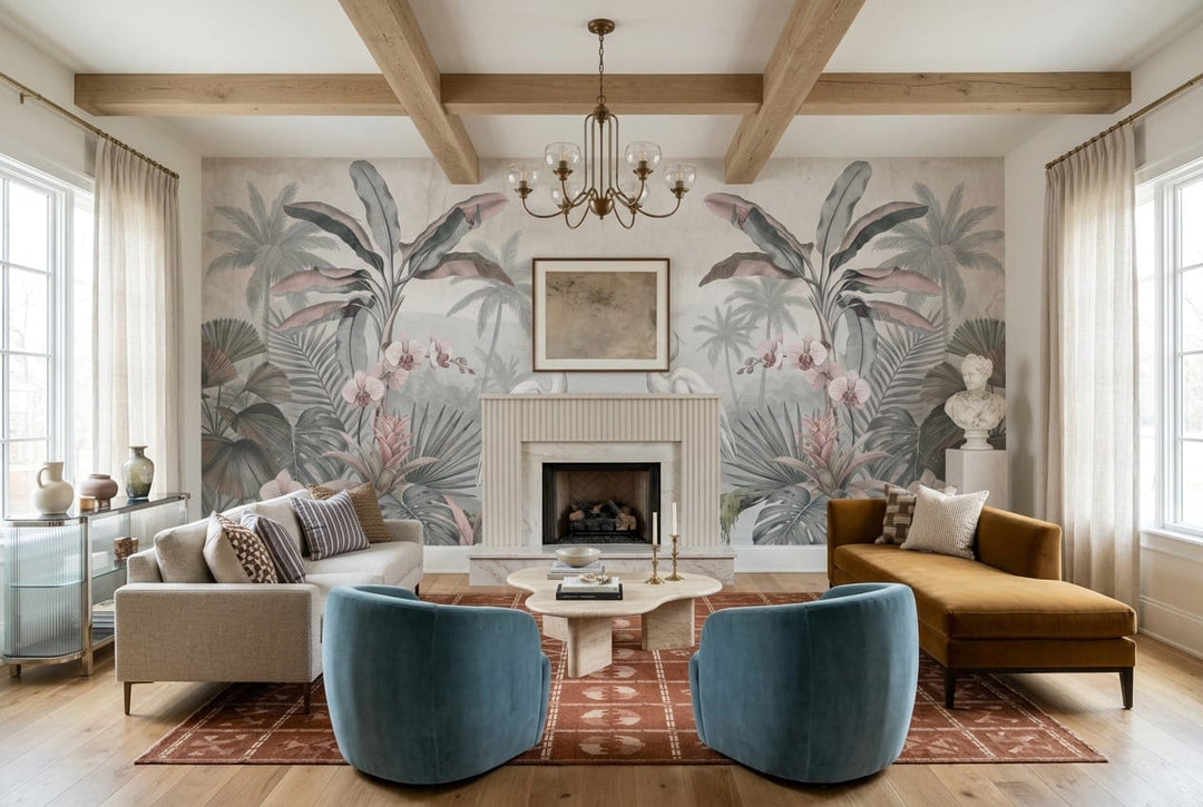 Blush Crane Orchid Tropical Jungle Wallpaper Mural in custom