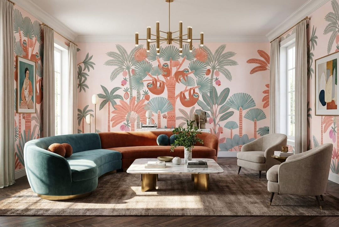 Blush Monkey and Leopard Jungle Wallpaper Mural in custom