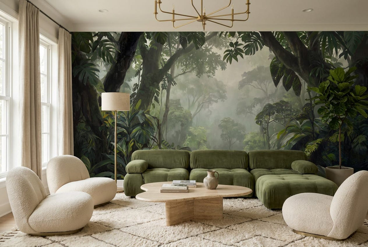Layered Canopy Mist Green Jungle Wallpaper Mural in custom