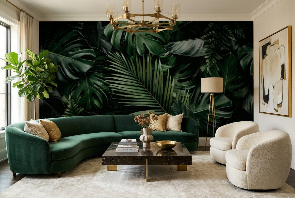 Emerald Monstera Palm Jungle Wallpaper Mural in custom