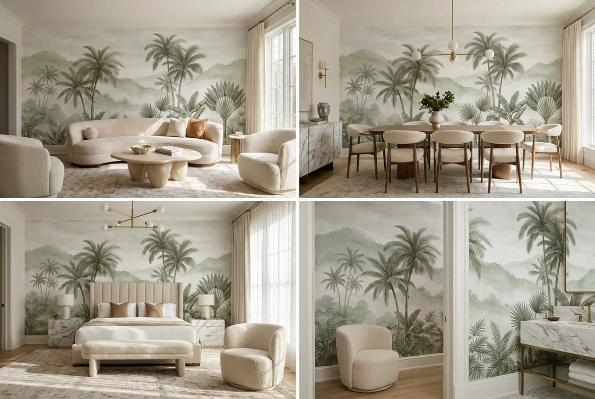 Mint Brown Hand Drawn Palm Vintage Jungle Wallpaper Mural in custom