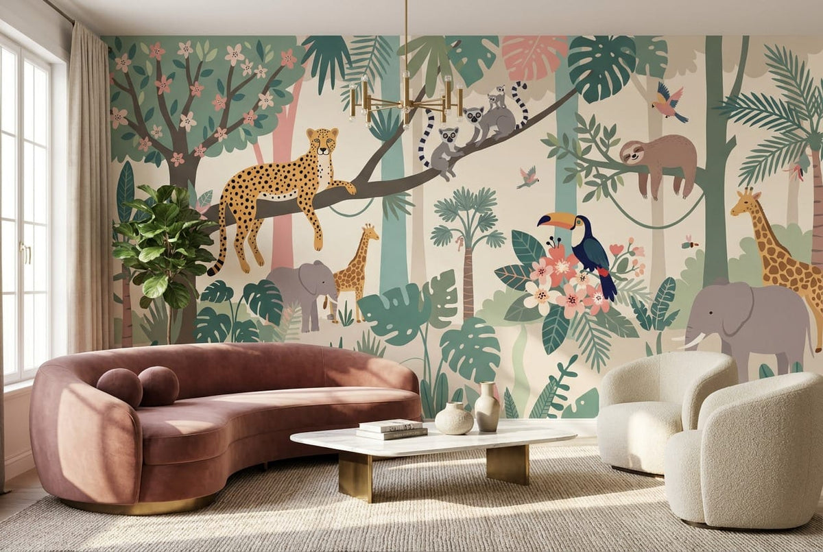 Pastel Storybook Safari Jungle Wallpaper Mural in custom