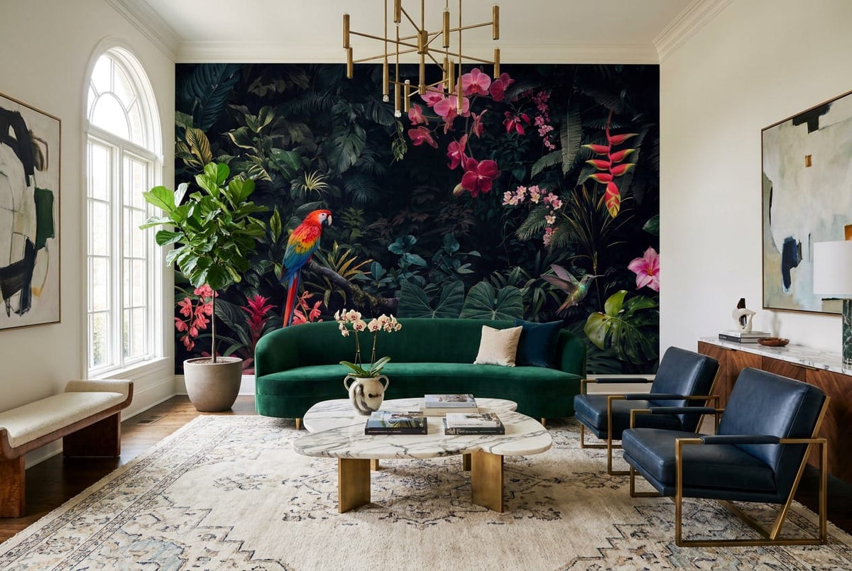 Plum Macaw Orchid Dark Jungle Wallpaper Mural in custom