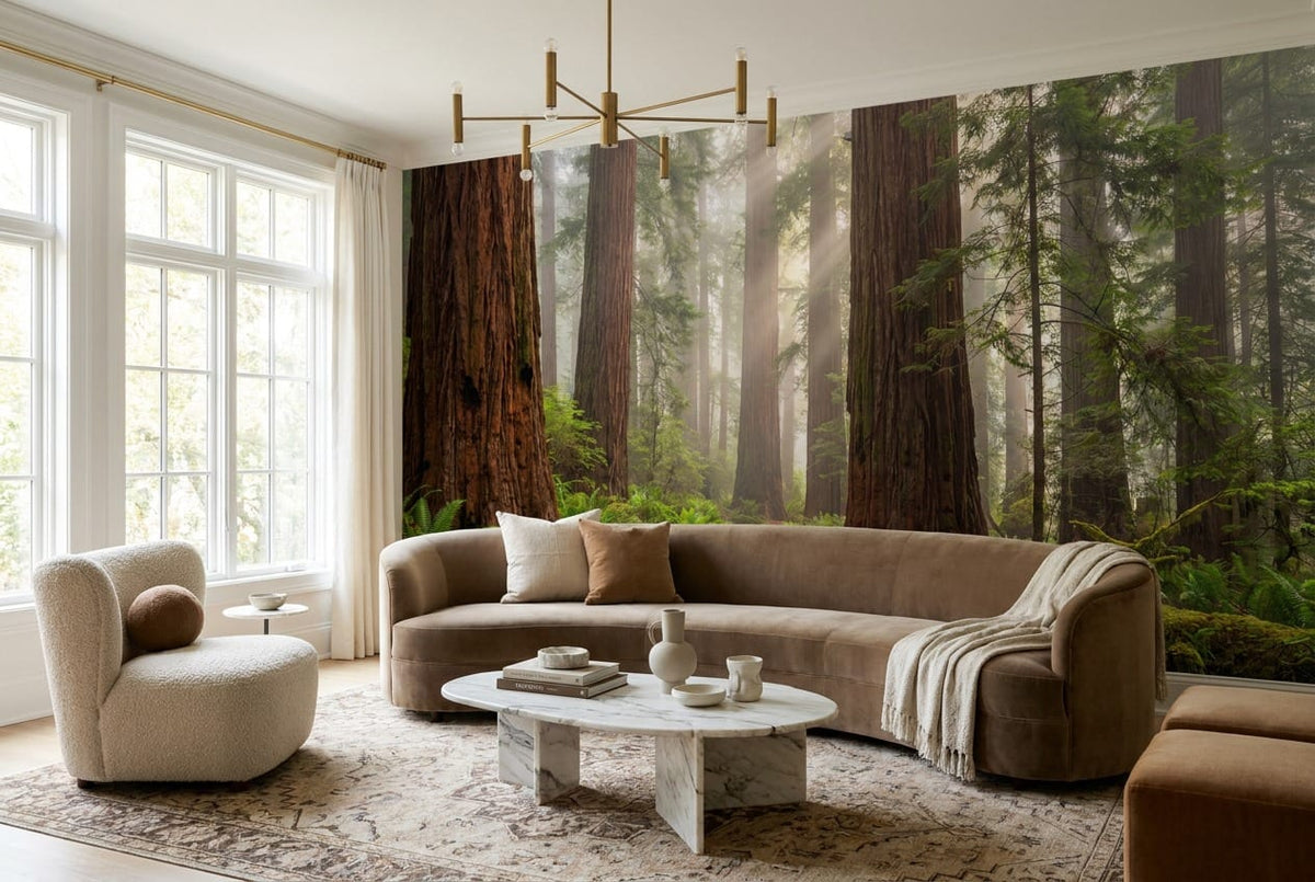 Misty Sunbeam Redwood Forest Path Wallpaper Mural in custom
