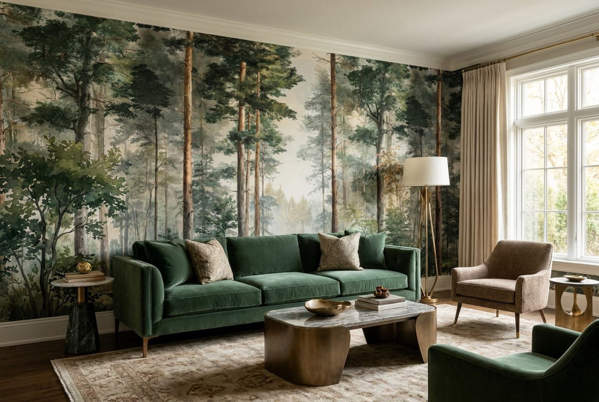 Sage Green Watercolor Nordic Forest Green Wallpaper Mural scene image