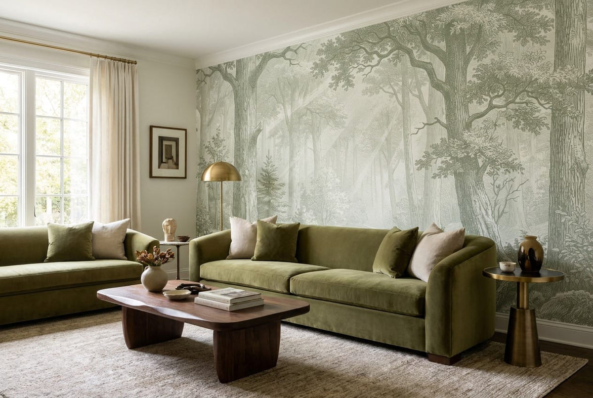 Soft Olive Engraving European Forest Green Wallpaper Mural scene image