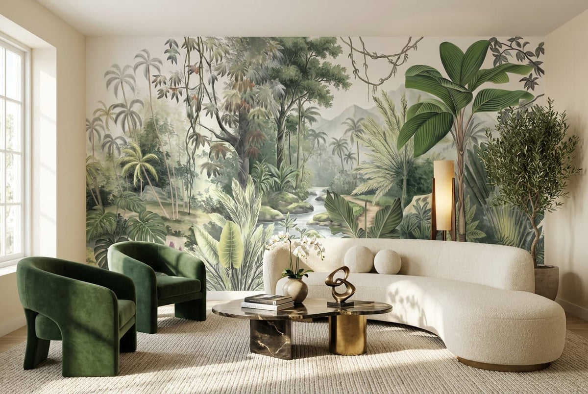 Soft Watercolor Valley Green Jungle Wallpaper Mural in custom