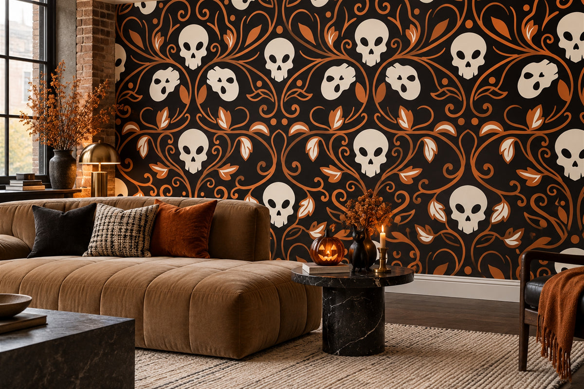 custom lounge orange skulls removable peel and stick non woven vinyl wallpaper mural
